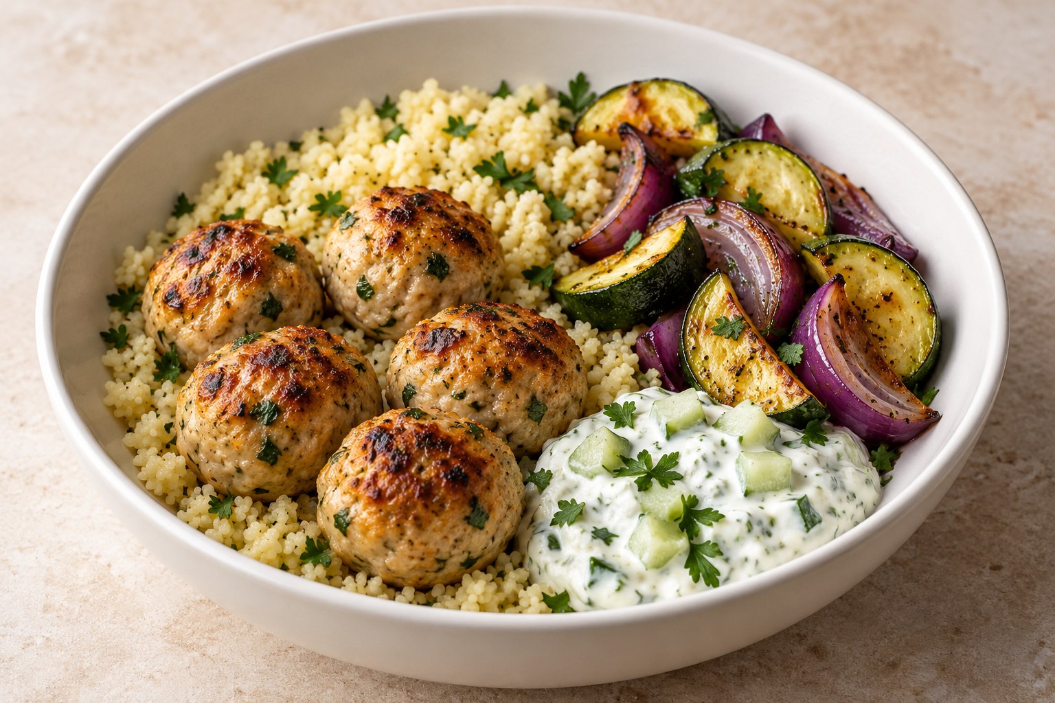 Turkey meatballs with fine couscous, roasted zucchini, red onion, and cucumber yogurt