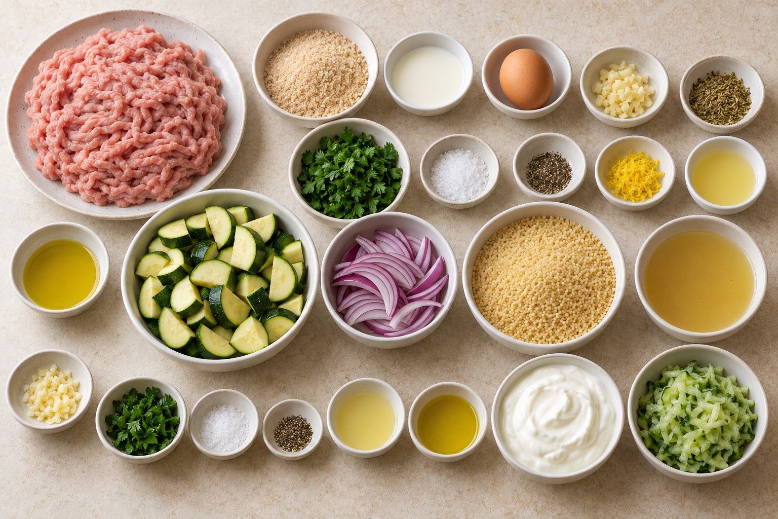 Ingredients for Greek-Style Turkey Meatball Couscous Bowls