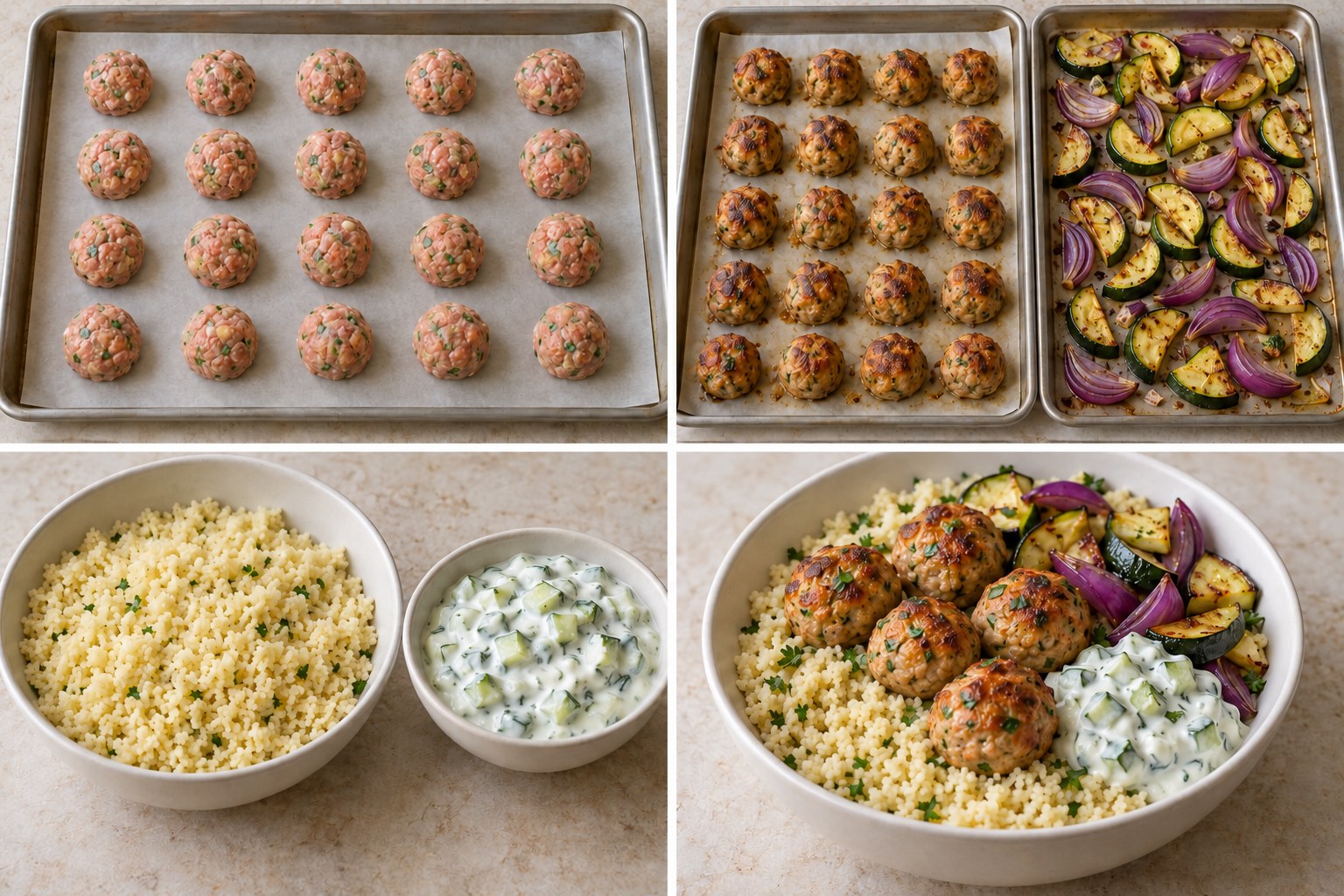 Four preparation stages for Greek-Style Turkey Meatball Couscous Bowls