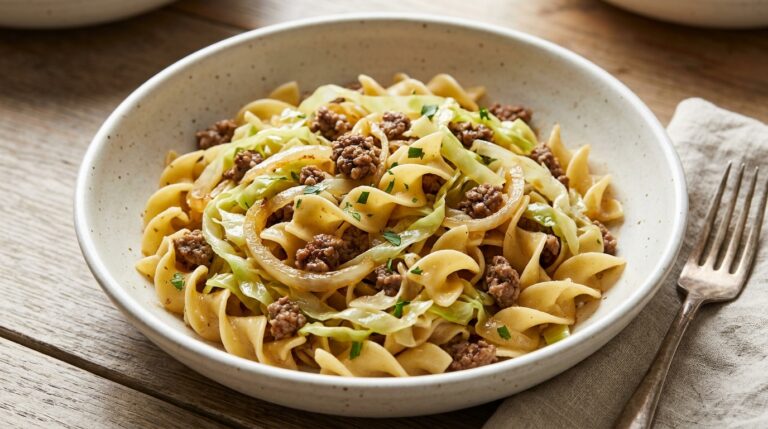 Wide egg noodles with ground beef, cooked cabbage, onion, and parsley