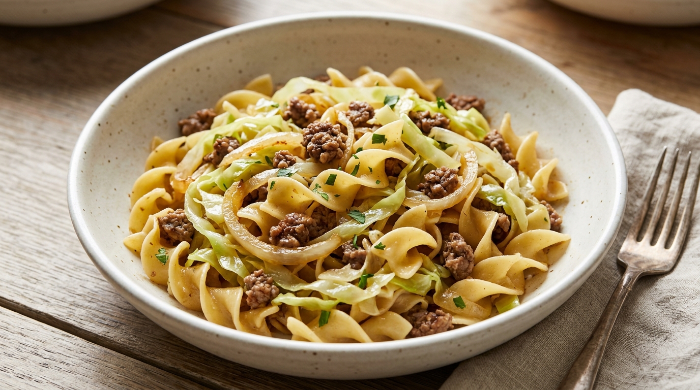 Wide egg noodles with ground beef, cooked cabbage, onion, and parsley
