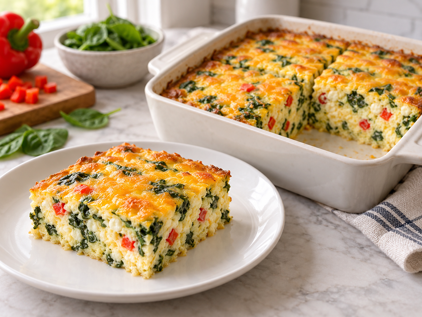 A slice of cottage cheese egg bake with spinach, red pepper and cheddar