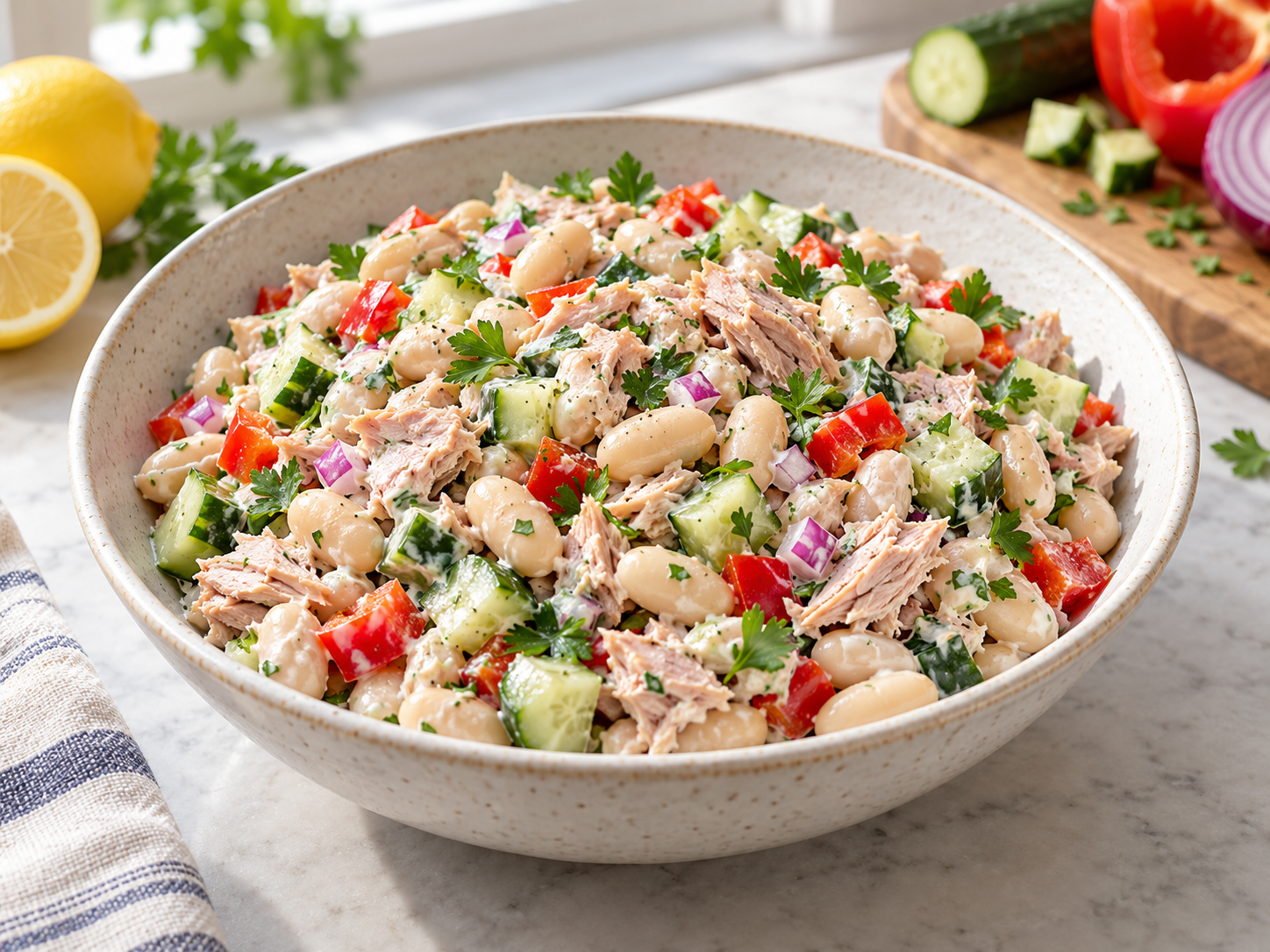 Tuna and white bean salad with cucumber, red pepper and lemon yogurt dressing