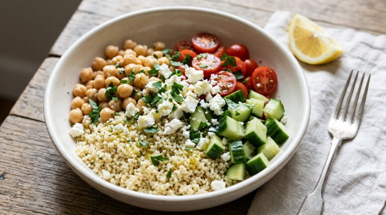 Fine couscous with chickpeas, diced cucumber, cherry tomatoes, parsley, and feta