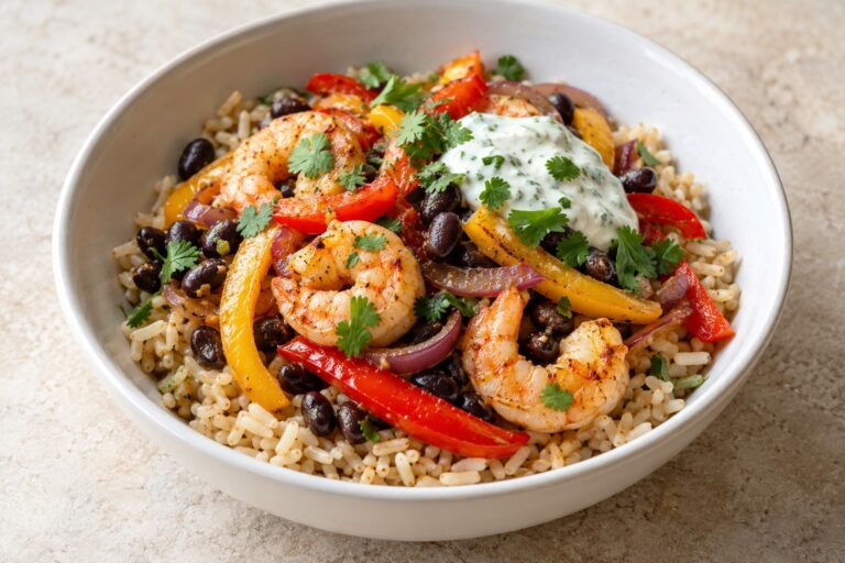 Lime shrimp and black bean brown rice bowl with peppers, onion, and yogurt