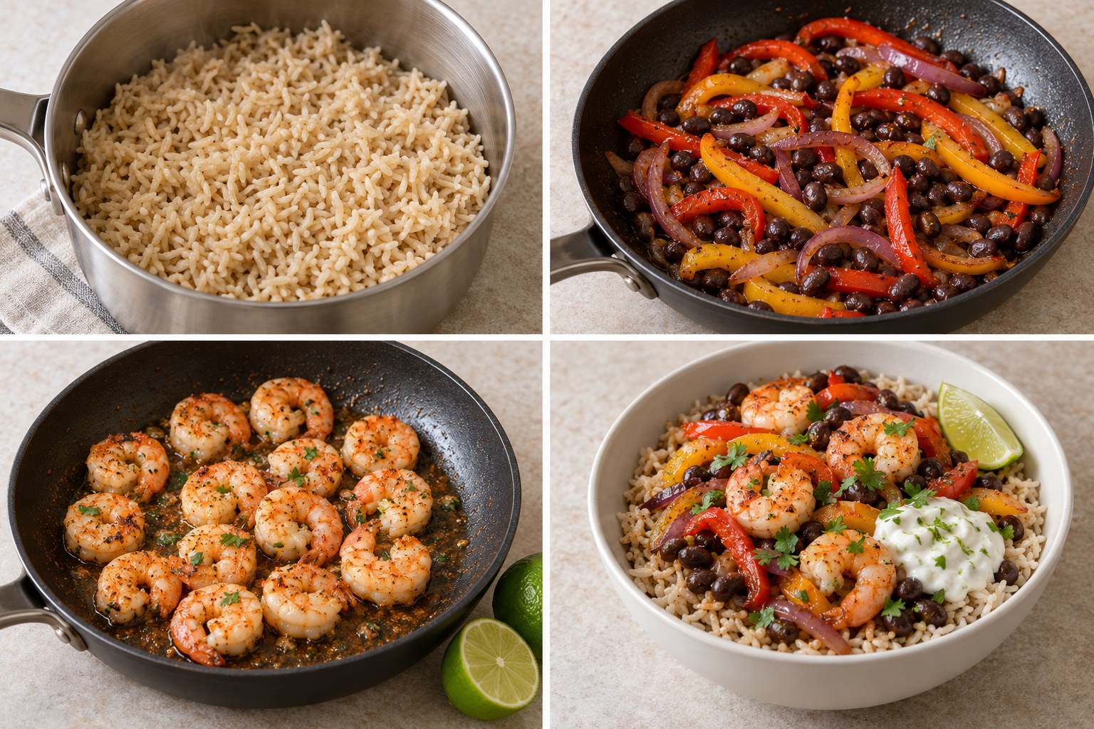Four preparation stages for Lime Shrimp and Black Bean Meal Prep Bowls