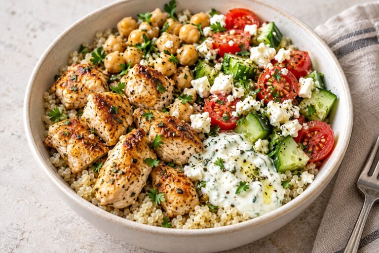 Chicken quinoa bowl with chickpeas, cucumber, tomatoes, feta, and lemon yogurt