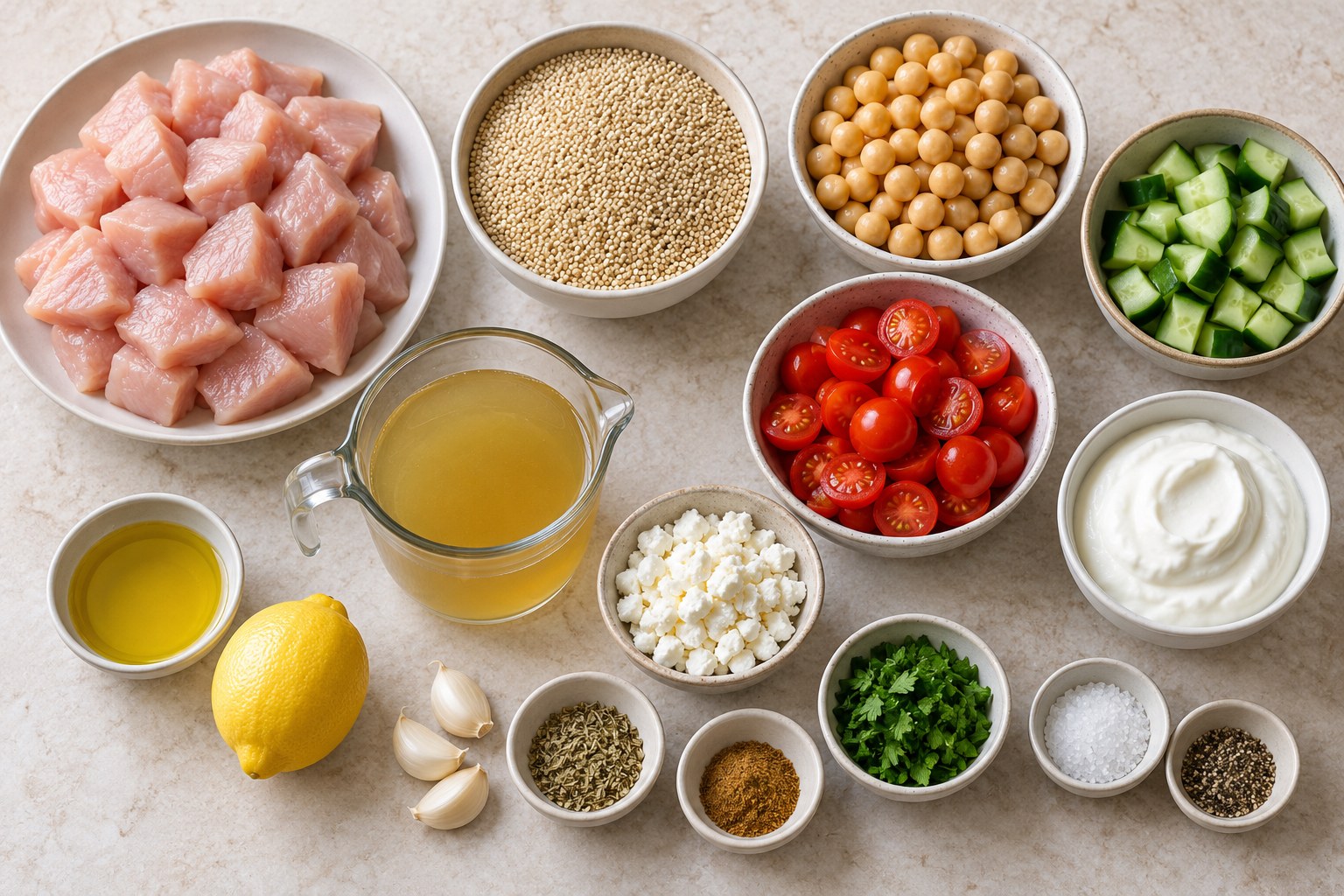 Ingredients for Mediterranean Chicken Quinoa Meal Prep Bowls