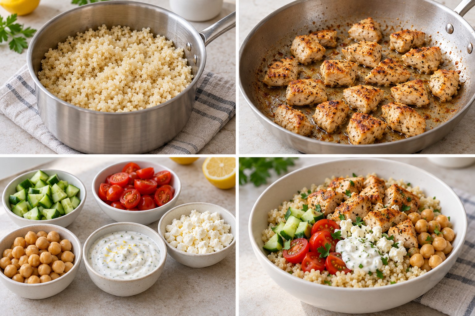 Four preparation stages for Mediterranean Chicken Quinoa Meal Prep Bowls