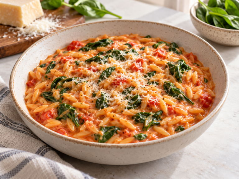 Creamy tomato orzo with spinach and grated Parmesan in a bowl