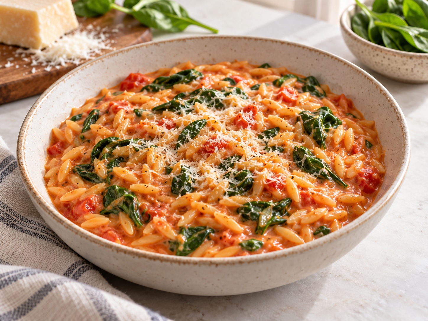 Creamy tomato orzo with spinach and grated Parmesan in a bowl