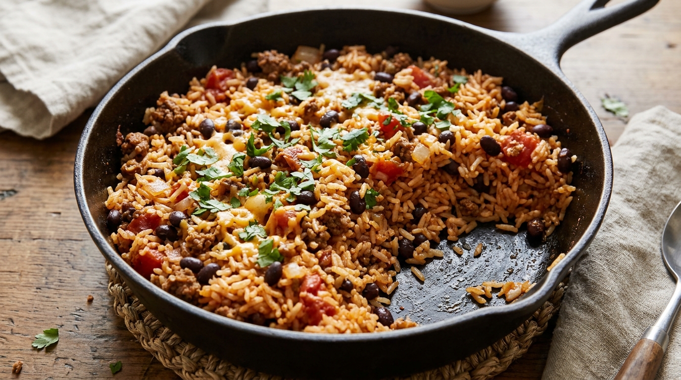 Taco rice with ground beef, black beans, tomatoes, melted cheddar, and cilantro