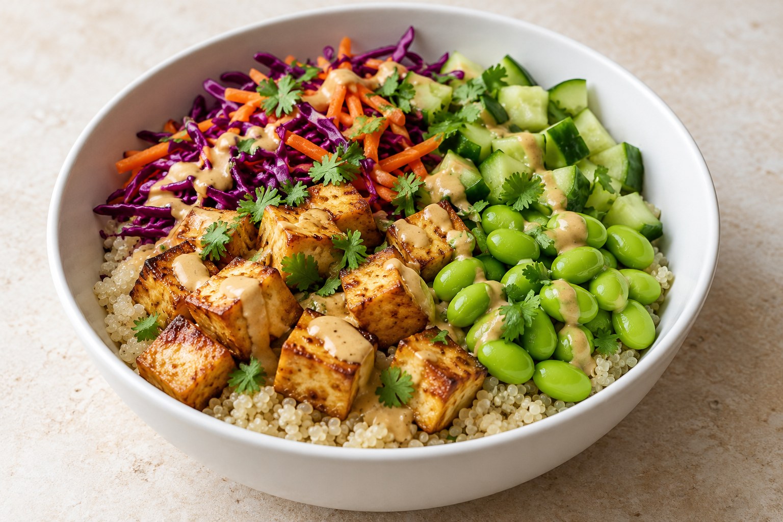 Baked tofu quinoa bowl with edamame, colorful slaw, cucumber, and peanut sauce