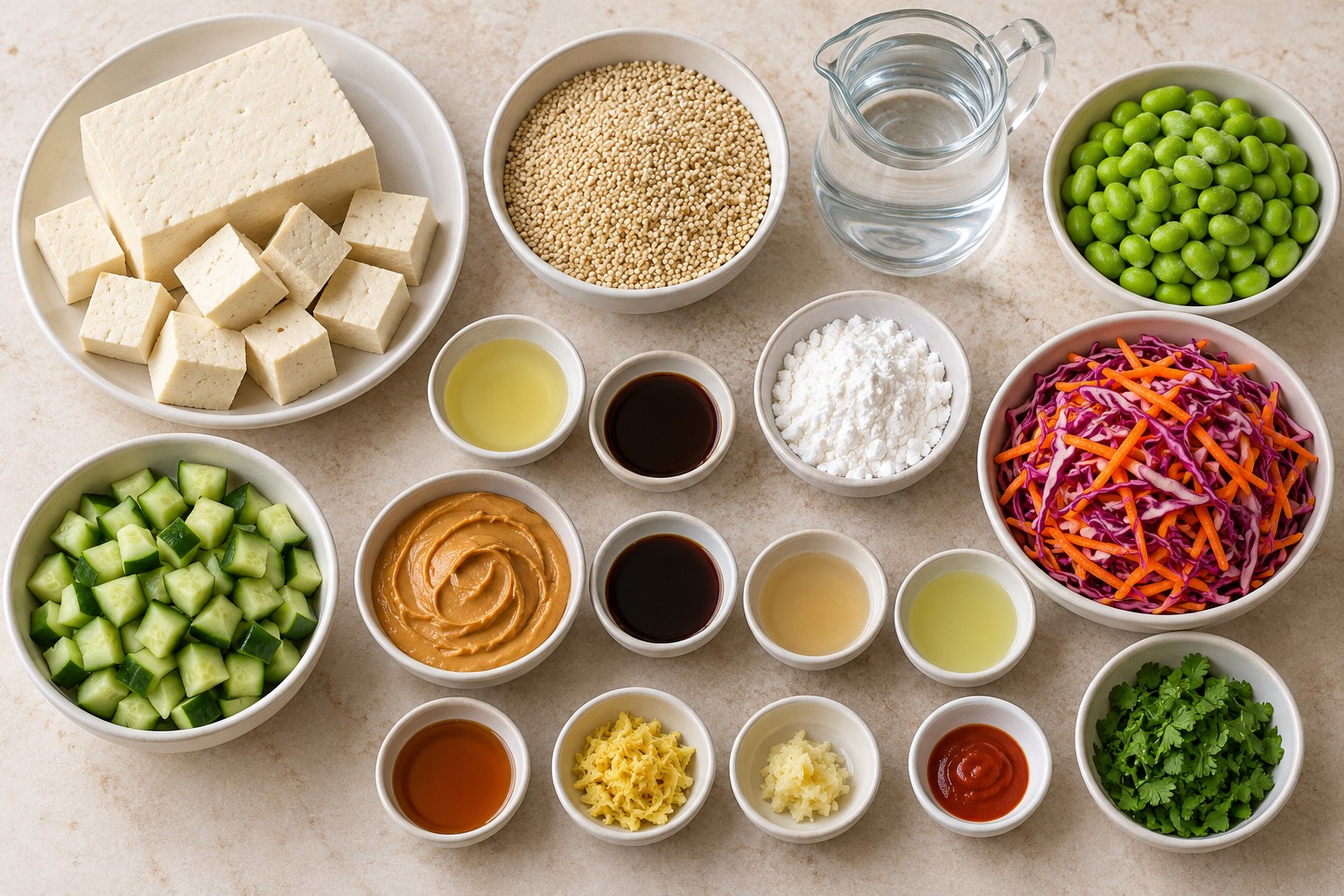 Ingredients for Peanut Tofu Edamame Quinoa Bowls