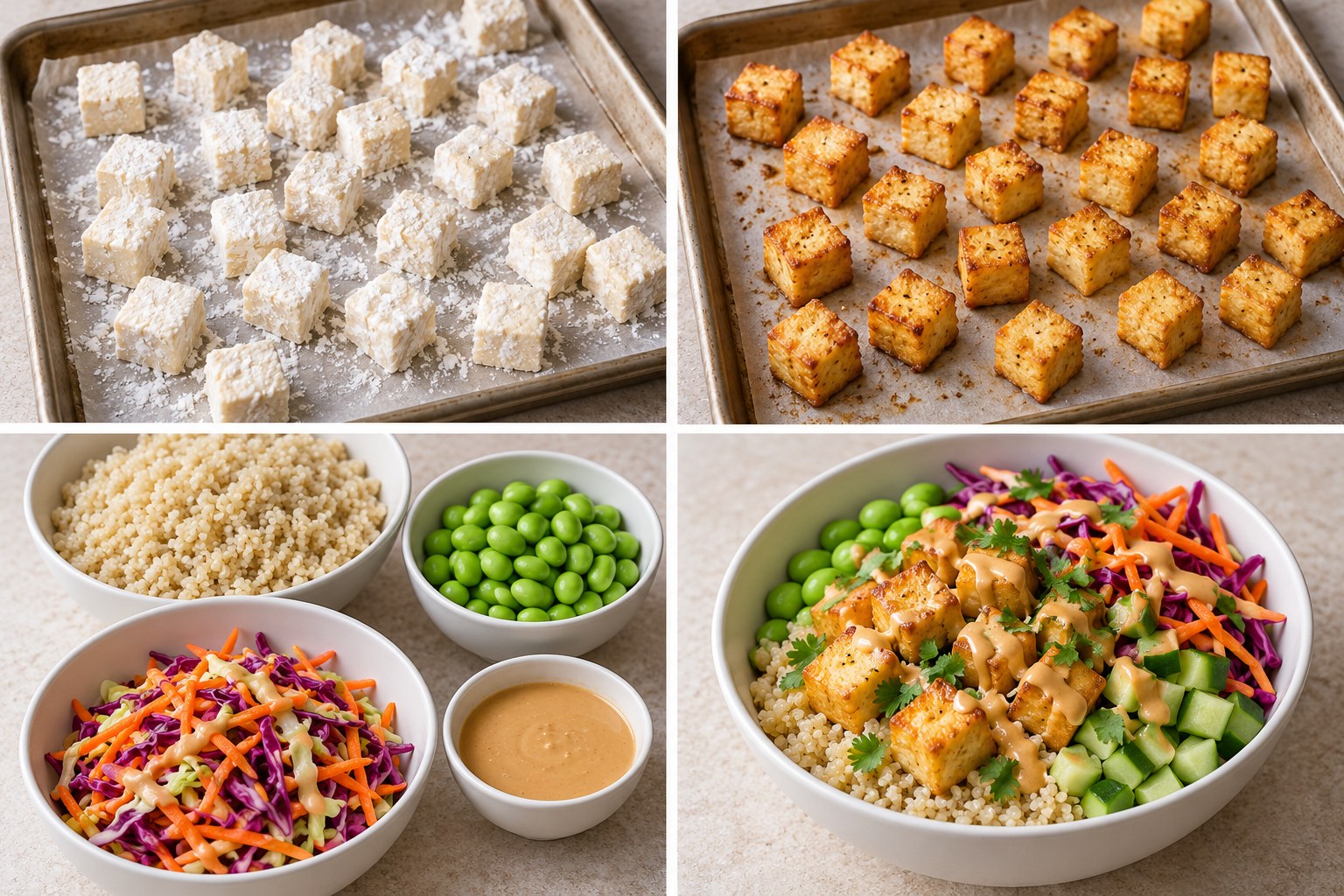 Four preparation stages for Peanut Tofu Edamame Quinoa Bowls