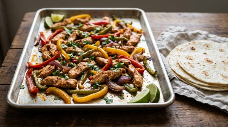 Roasted chicken fajita strips with bell peppers, red onion, and tortillas