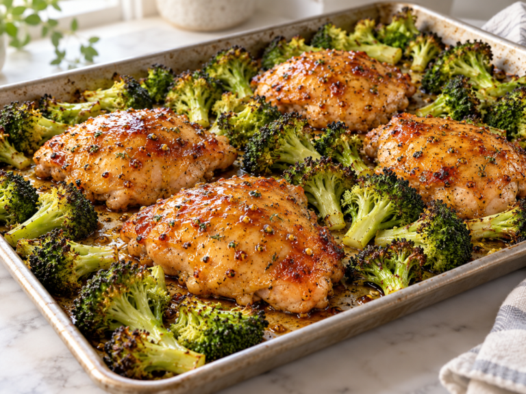 Honey mustard chicken thighs and roasted broccoli on a sheet pan
