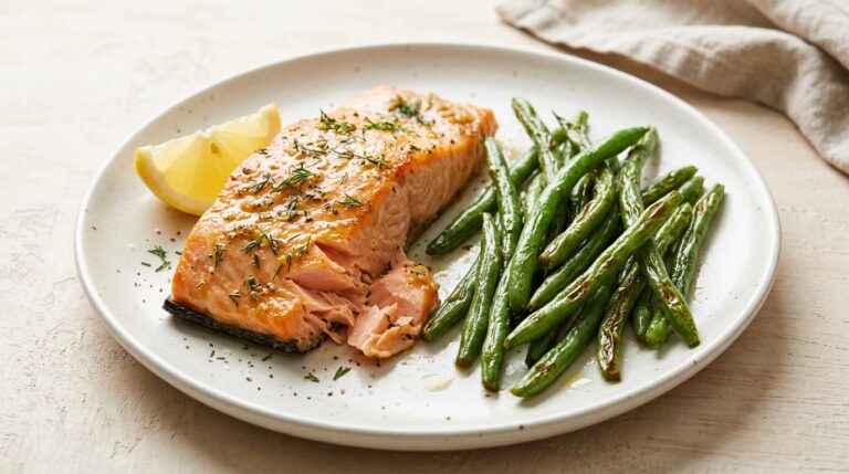 Roasted salmon fillet with green beans, fresh dill, and a lemon wedge