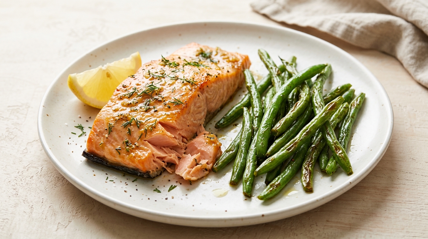 Roasted salmon fillet with green beans, fresh dill, and a lemon wedge