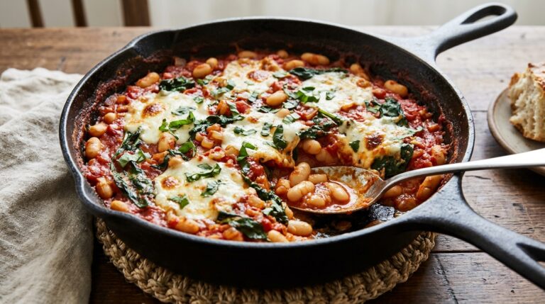 White cannellini beans in tomato sauce with spinach, melted mozzarella, and basil