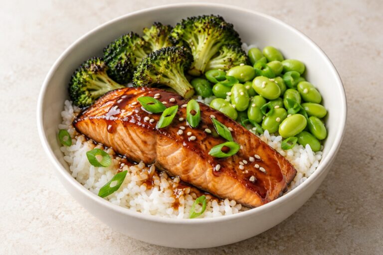 Teriyaki-style salmon with rice, edamame, roasted broccoli, and green onion