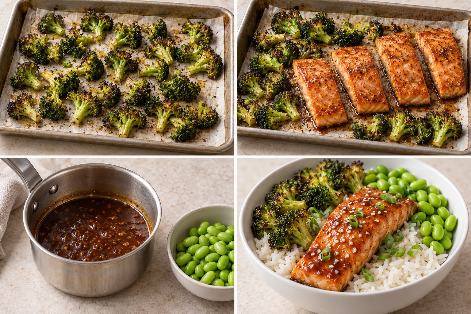Four preparation stages for Teriyaki Salmon Edamame Rice Bowls