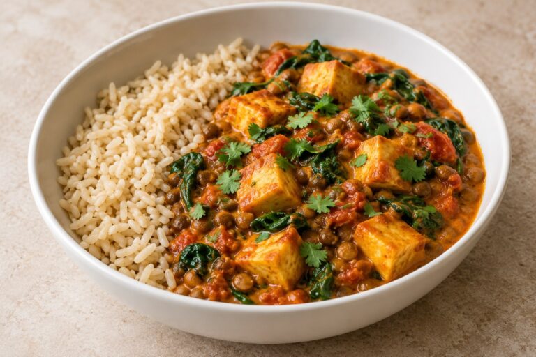 Tofu and lentil tikka-inspired tomato sauce with spinach and brown rice
