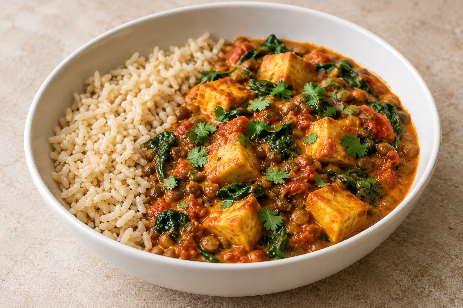 Tofu and lentil tikka-inspired tomato sauce with spinach and brown rice