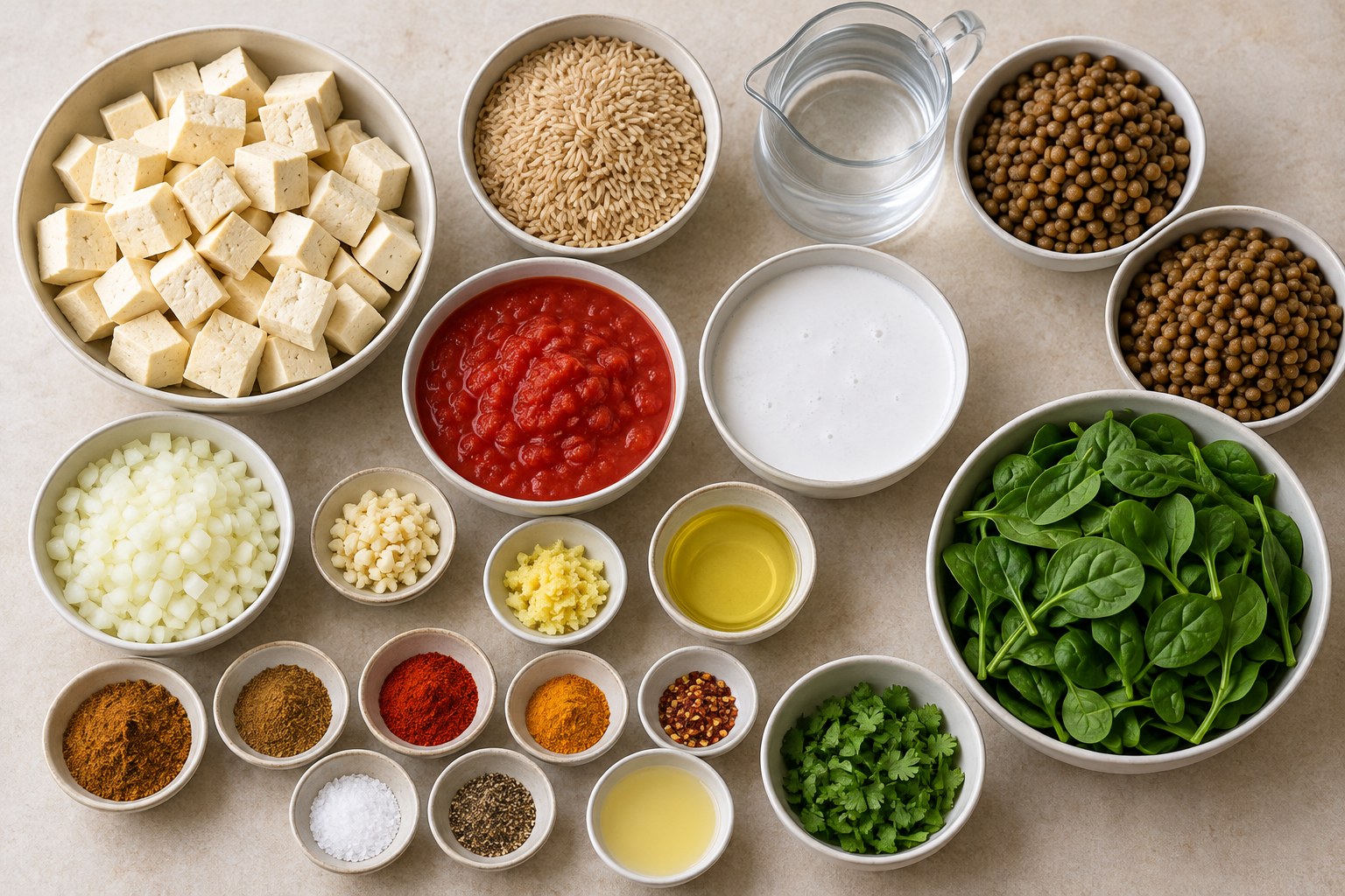 Ingredients for Tofu Lentil Tikka Rice Meal Prep Bowls