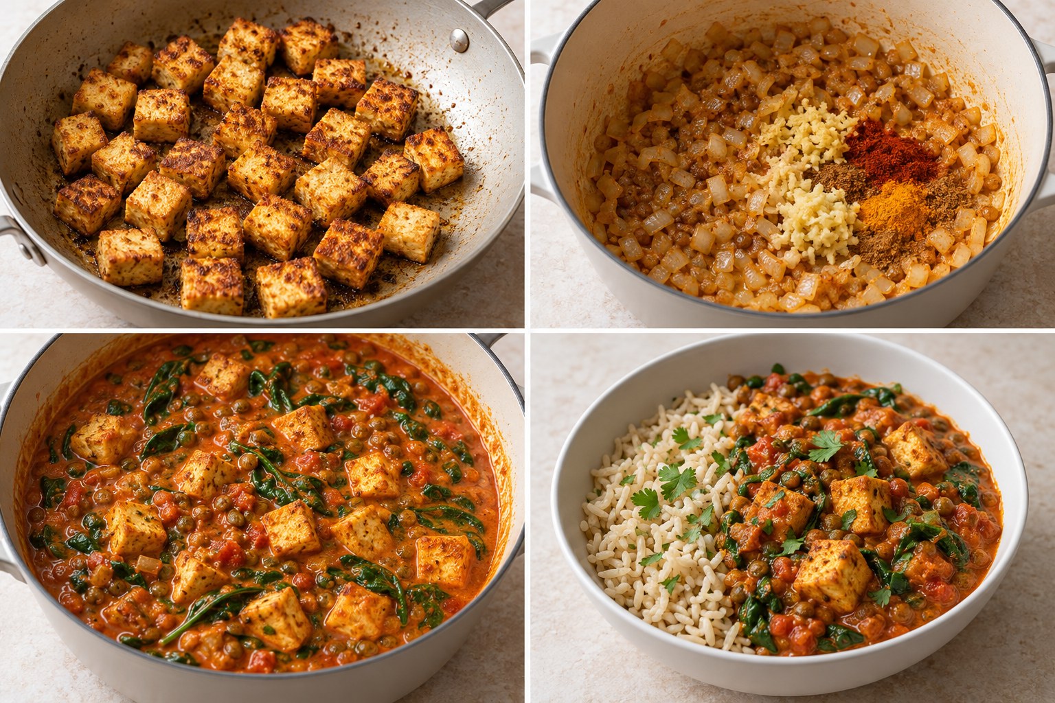 Four preparation stages for Tofu Lentil Tikka Rice Meal Prep Bowls
