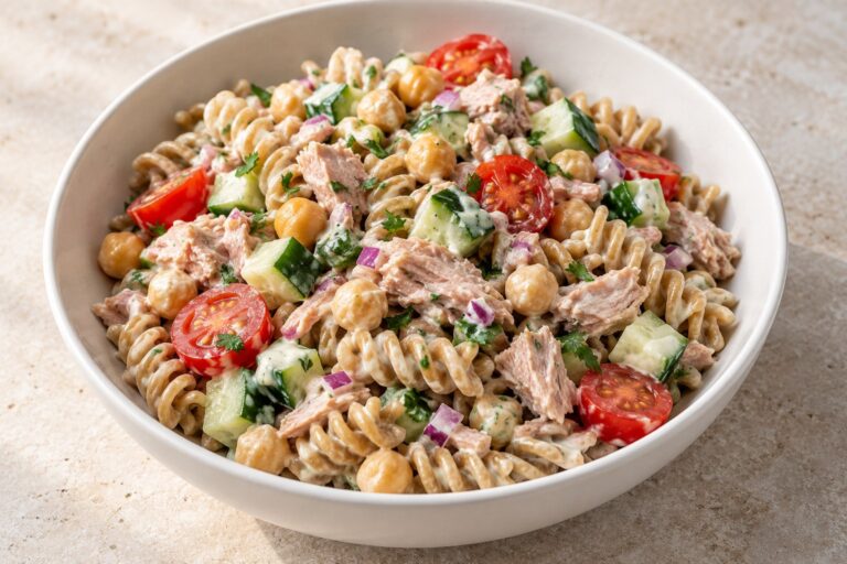 Tuna chickpea fusilli pasta bowl with cucumber, tomatoes, parsley, and lemon dressing