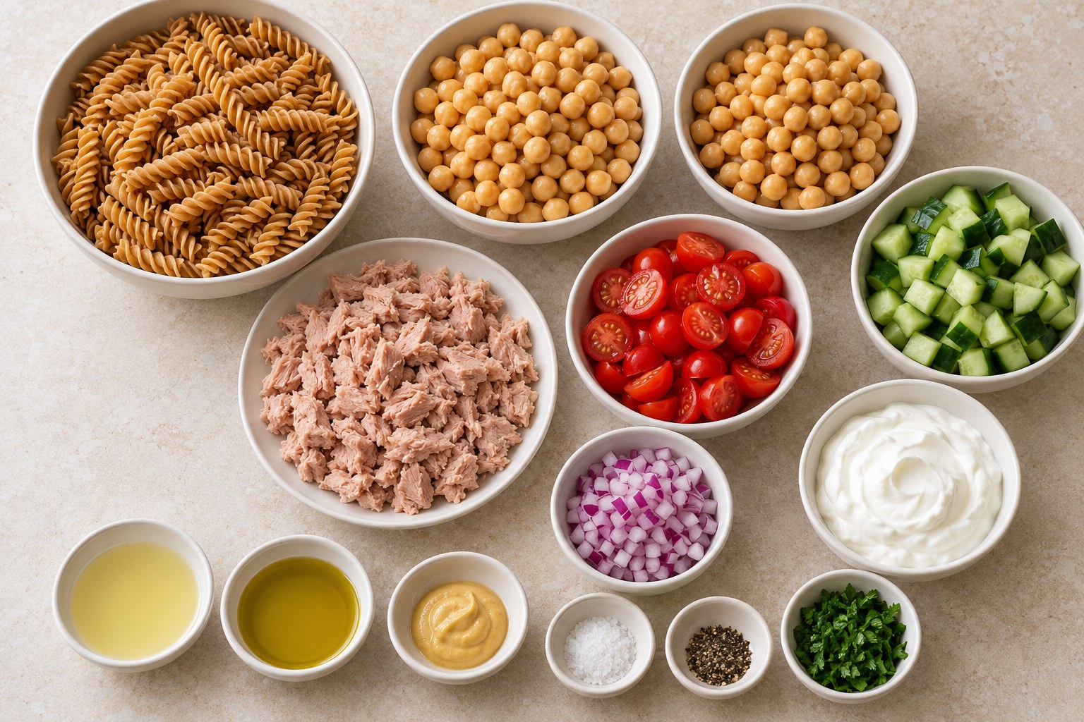 Ingredients for Tuna Chickpea Pasta Meal Prep Bowls