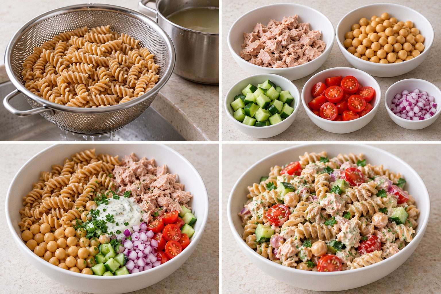 Four preparation stages for Tuna Chickpea Pasta Meal Prep Bowls