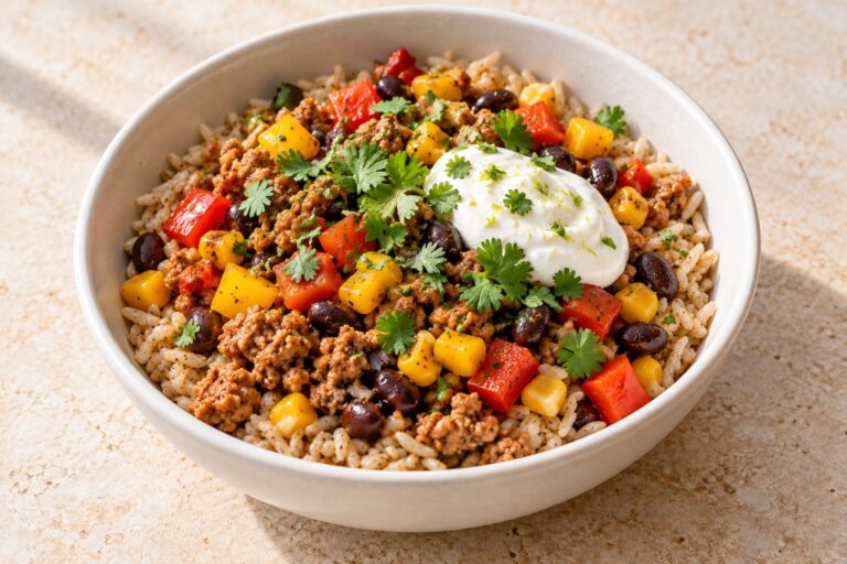 Turkey taco brown rice bowl with black beans, peppers, corn, and lime yogurt