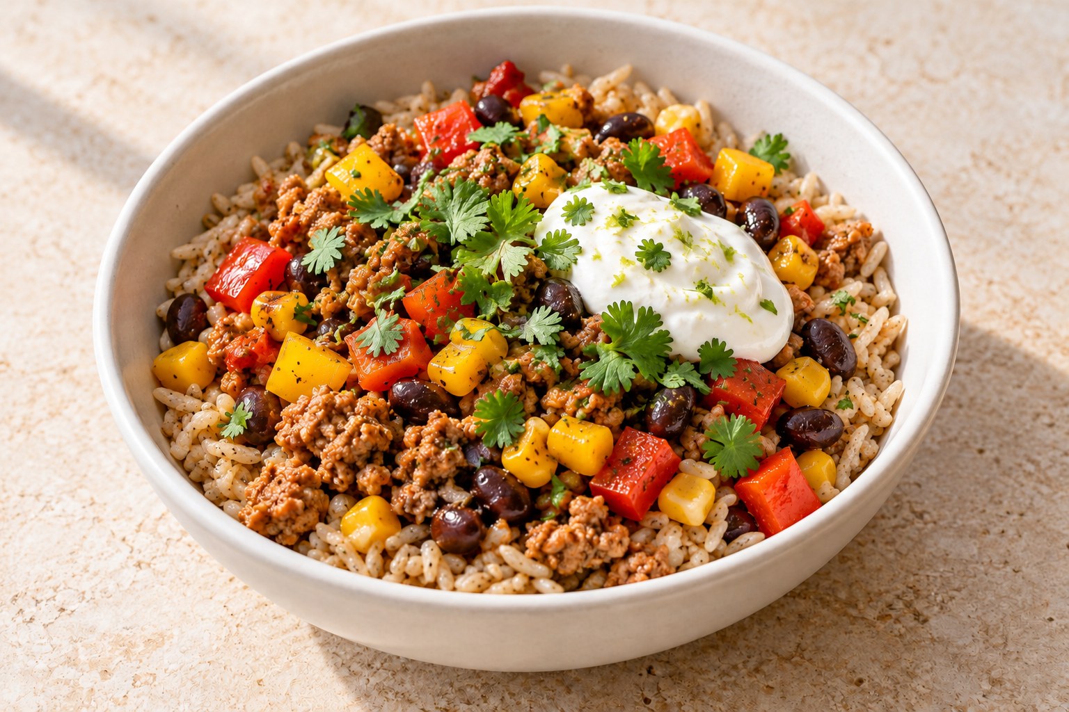 Turkey taco brown rice bowl with black beans, peppers, corn, and lime yogurt