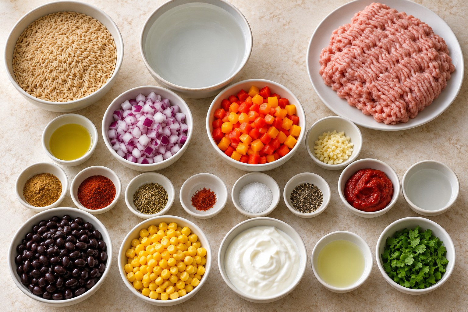 Ingredients for Turkey Taco Rice Meal Prep Bowls