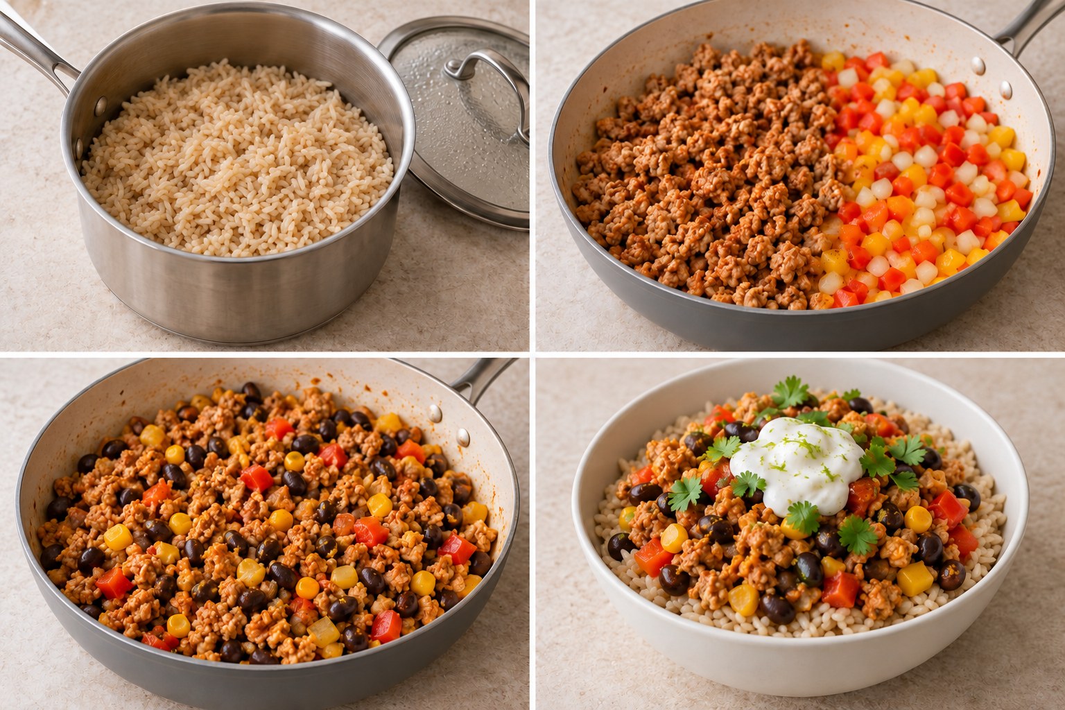 Four preparation stages for Turkey Taco Rice Meal Prep Bowls